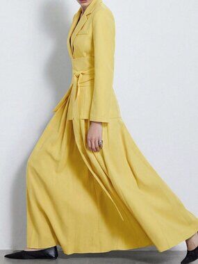 yellow Elegant Women's Notched Collar wrap Waist Long Sleeve Blazer & skirt